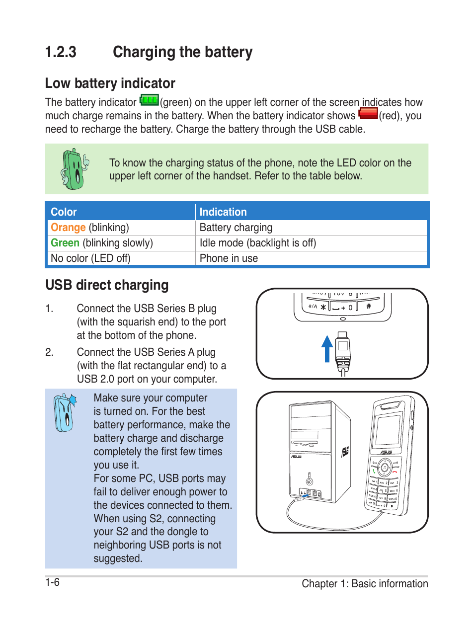 3 charging the battery, Low battery indicator, Usb direct charging | Asus AiGuru S2 User Manual | Page 20 / 106
