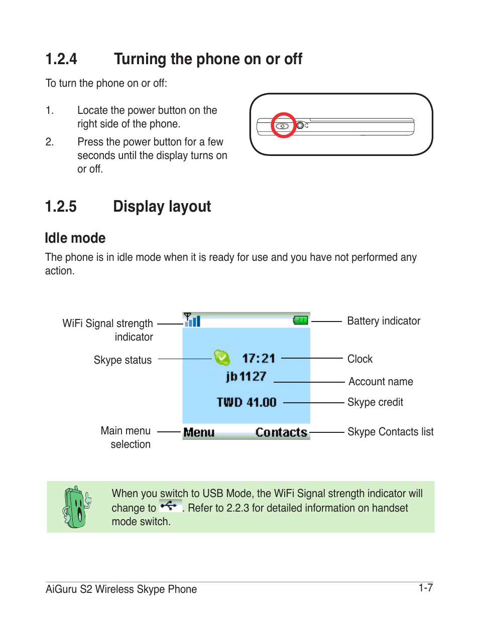 4 turning the phone on or off, 5 display layout, Idle mode | Asus AiGuru S2 User Manual | Page 21 / 106