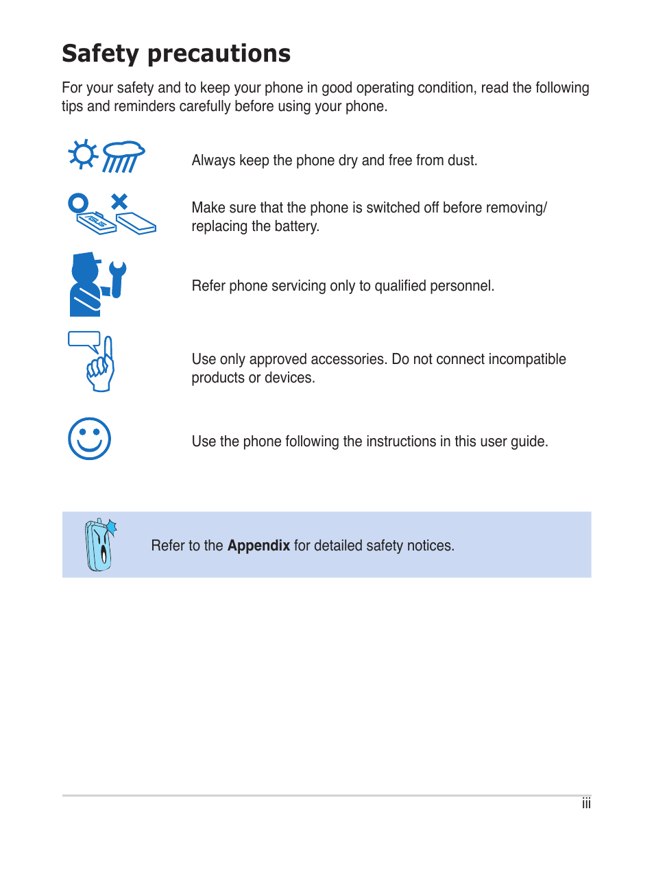 Safety precautions | Asus AiGuru S2 User Manual | Page 3 / 106
