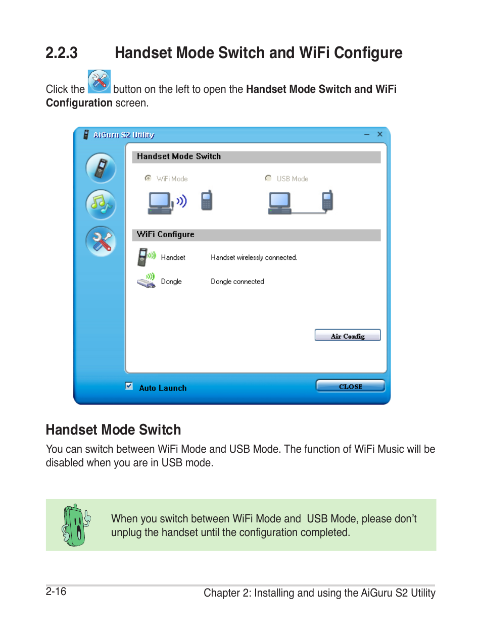 3 handset mode switch and wifi configure, Handset mode switch | Asus AiGuru S2 User Manual | Page 38 / 106