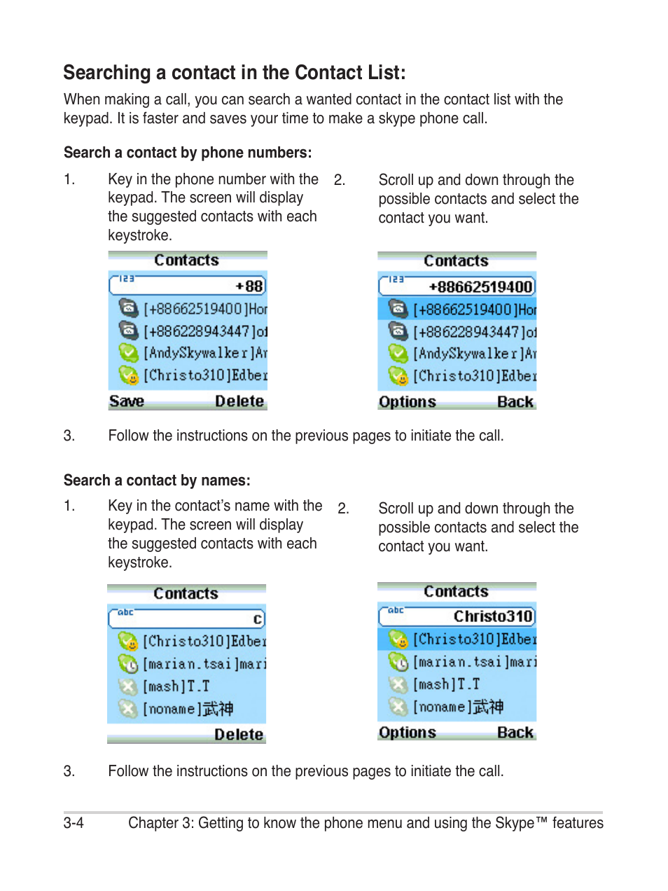 Searching a contact in the contact list | Asus AiGuru S2 User Manual | Page 44 / 106