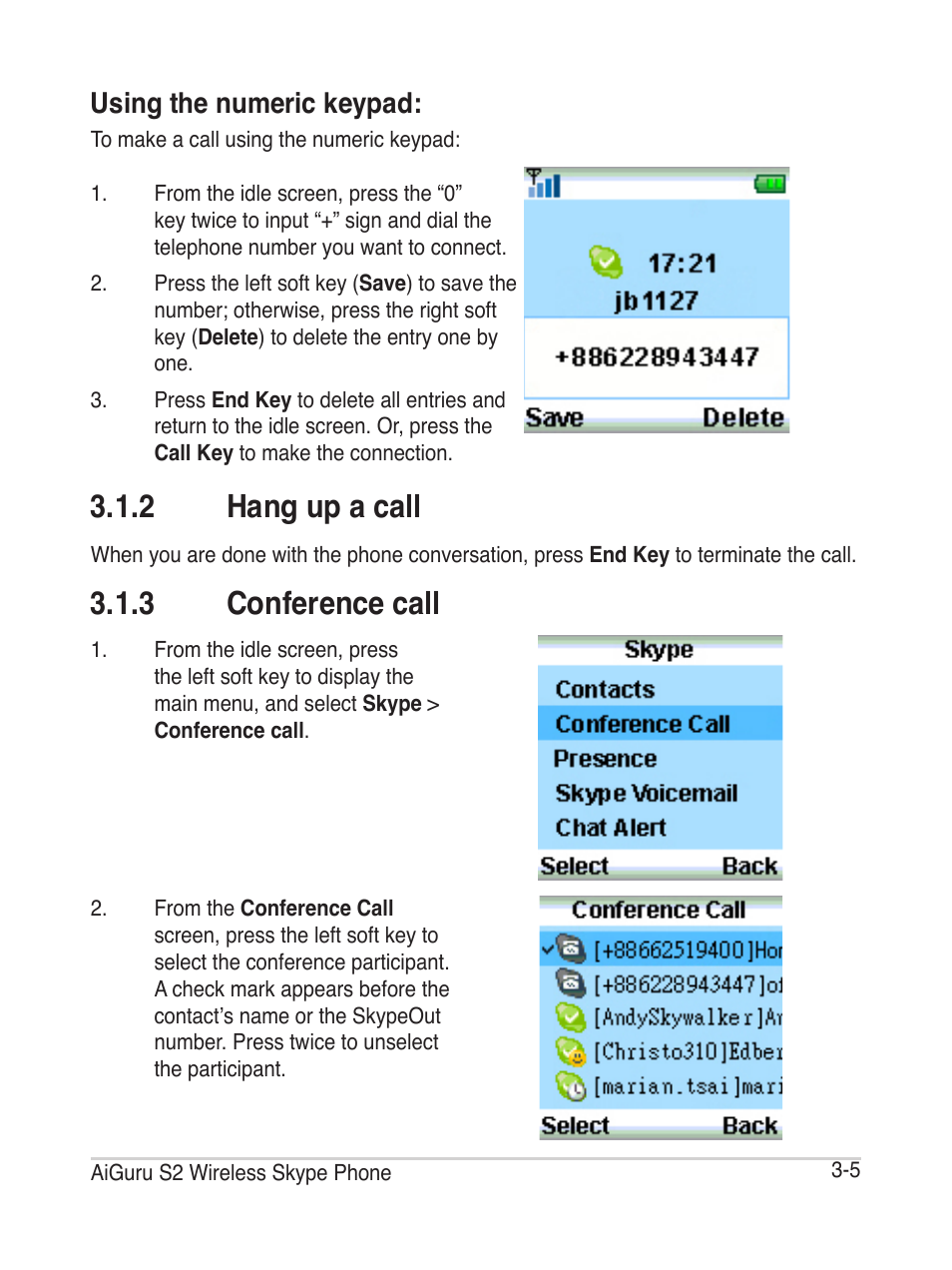 3 conference call, 2 hang up a call, Using the numeric keypad | Asus AiGuru S2 User Manual | Page 45 / 106