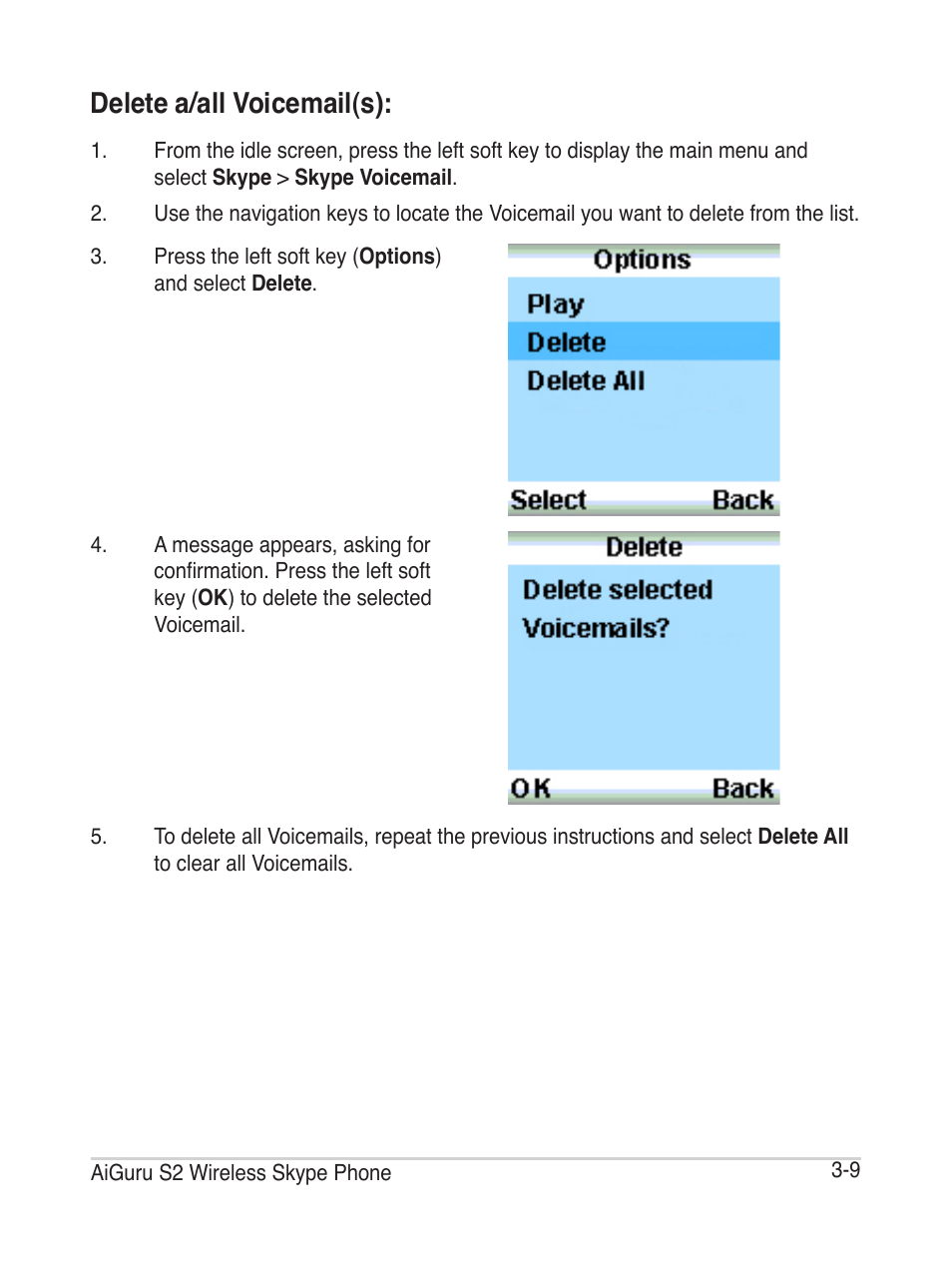 Delete a/all voicemail(s) | Asus AiGuru S2 User Manual | Page 49 / 106