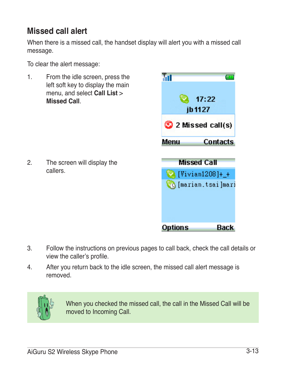 Missed call alert | Asus AiGuru S2 User Manual | Page 53 / 106