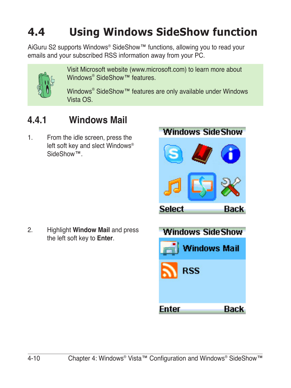 4 using windows sideshow function, 1 windows mail | Asus AiGuru S2 User Manual | Page 72 / 106