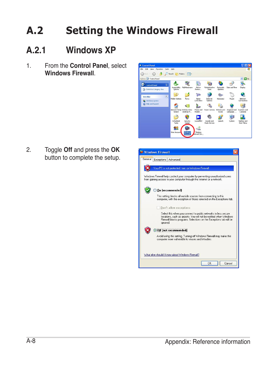 A.2 setting the windows firewall, A.2.1 windows xp | Asus AiGuru S2 User Manual | Page 84 / 106