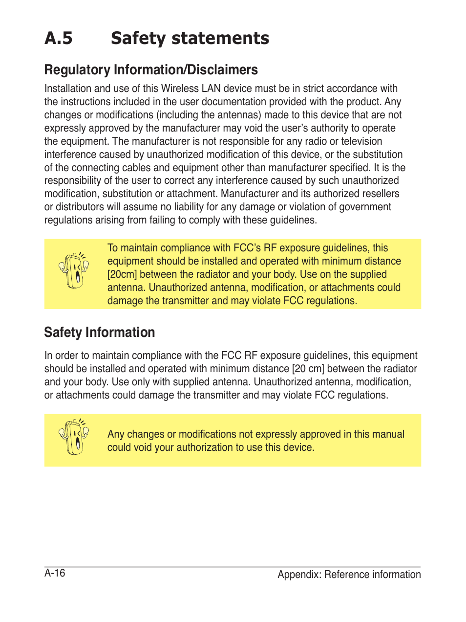 A.5 safety statements, Regulatory information/disclaimers, Safety information | Asus AiGuru S2 User Manual | Page 92 / 106