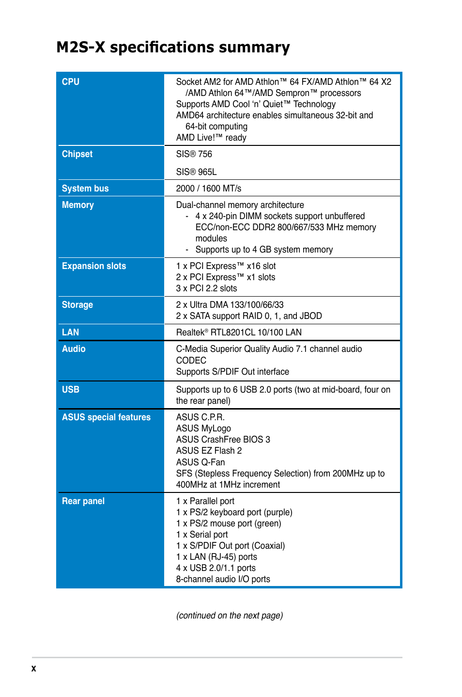 M2s-x specifications summary | Asus Motherboard M2S-X User Manual | Page 10 / 86