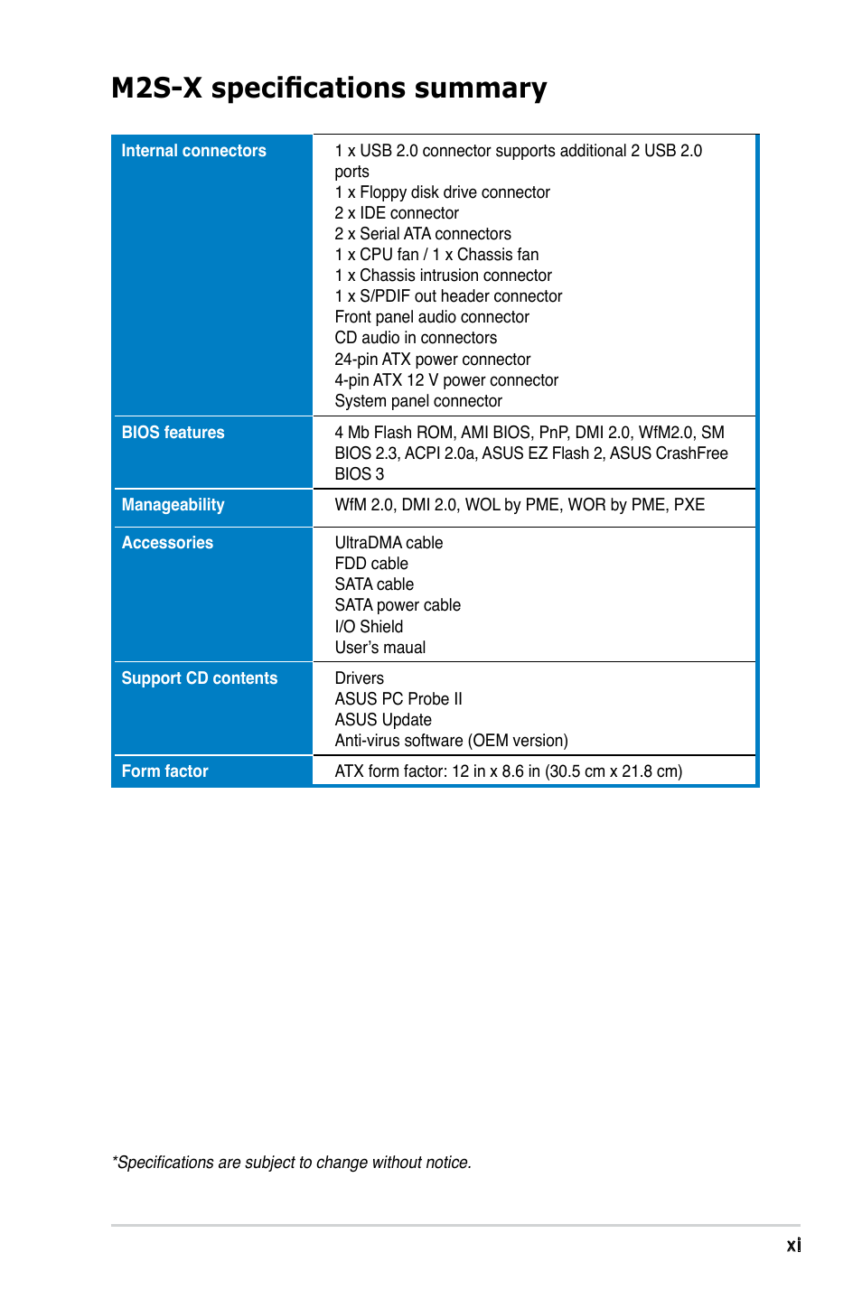 M2s-x specifications summary | Asus Motherboard M2S-X User Manual | Page 11 / 86