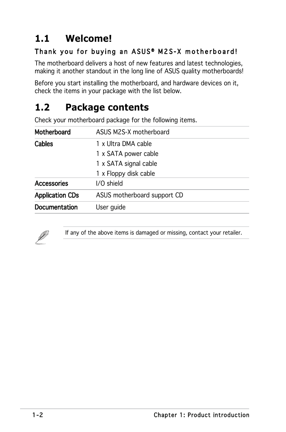 1 welcome, 2 package contents | Asus Motherboard M2S-X User Manual | Page 14 / 86