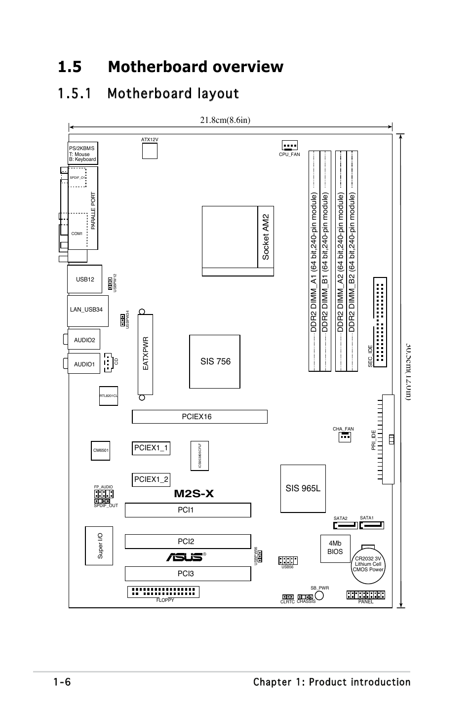 5 motherboard overview, 1 motherboard layout, M2s-x | 6 chapter 1: product introduction, 8cm(8.6in), 5cm(12.0in), Socket am2 | Asus Motherboard M2S-X User Manual | Page 18 / 86