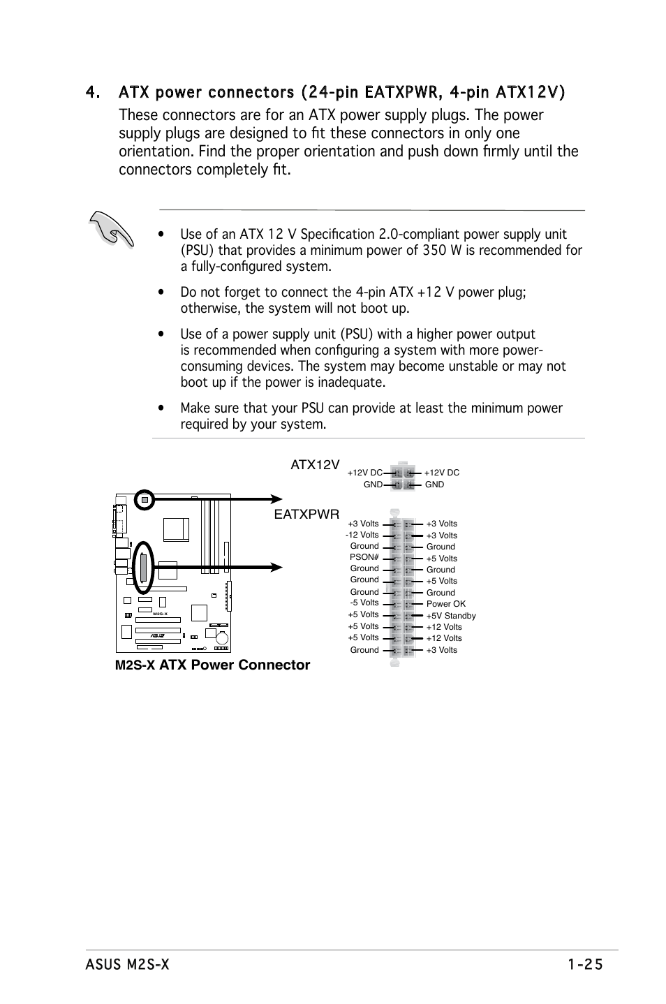 Atx power connector, Asus m2s-x 1-25 | Asus Motherboard M2S-X User Manual | Page 37 / 86
