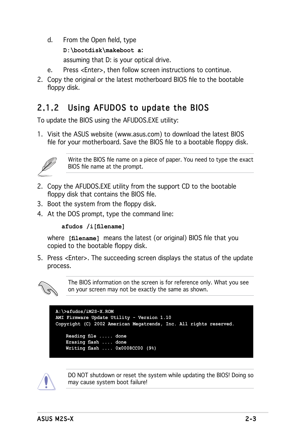 2 using afudos to update the bios | Asus Motherboard M2S-X User Manual | Page 45 / 86