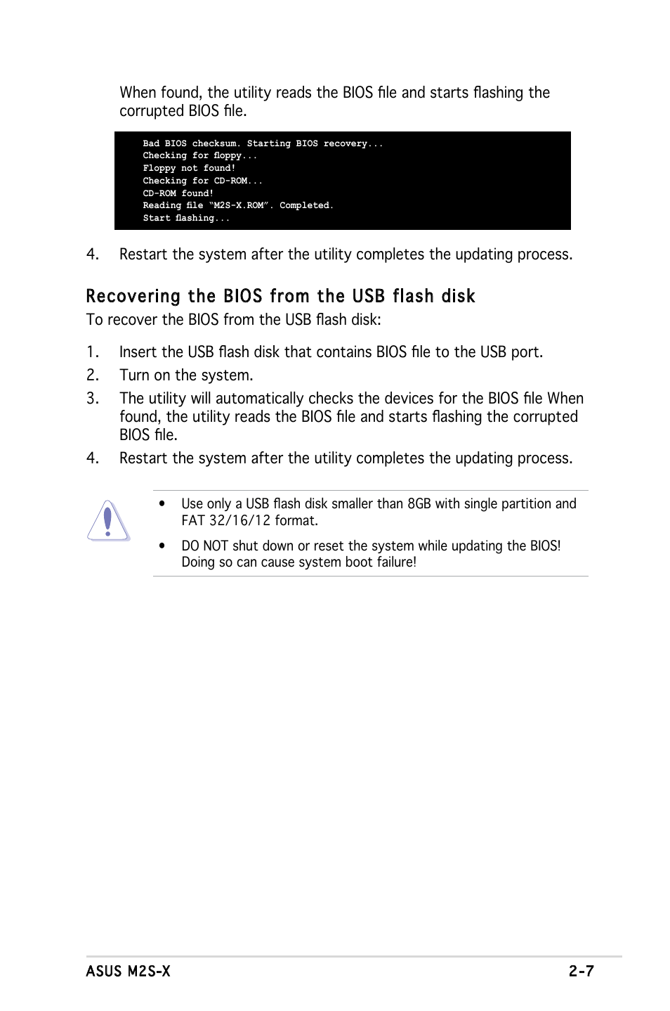 Recovering the bios from the usb flash disk | Asus Motherboard M2S-X User Manual | Page 49 / 86