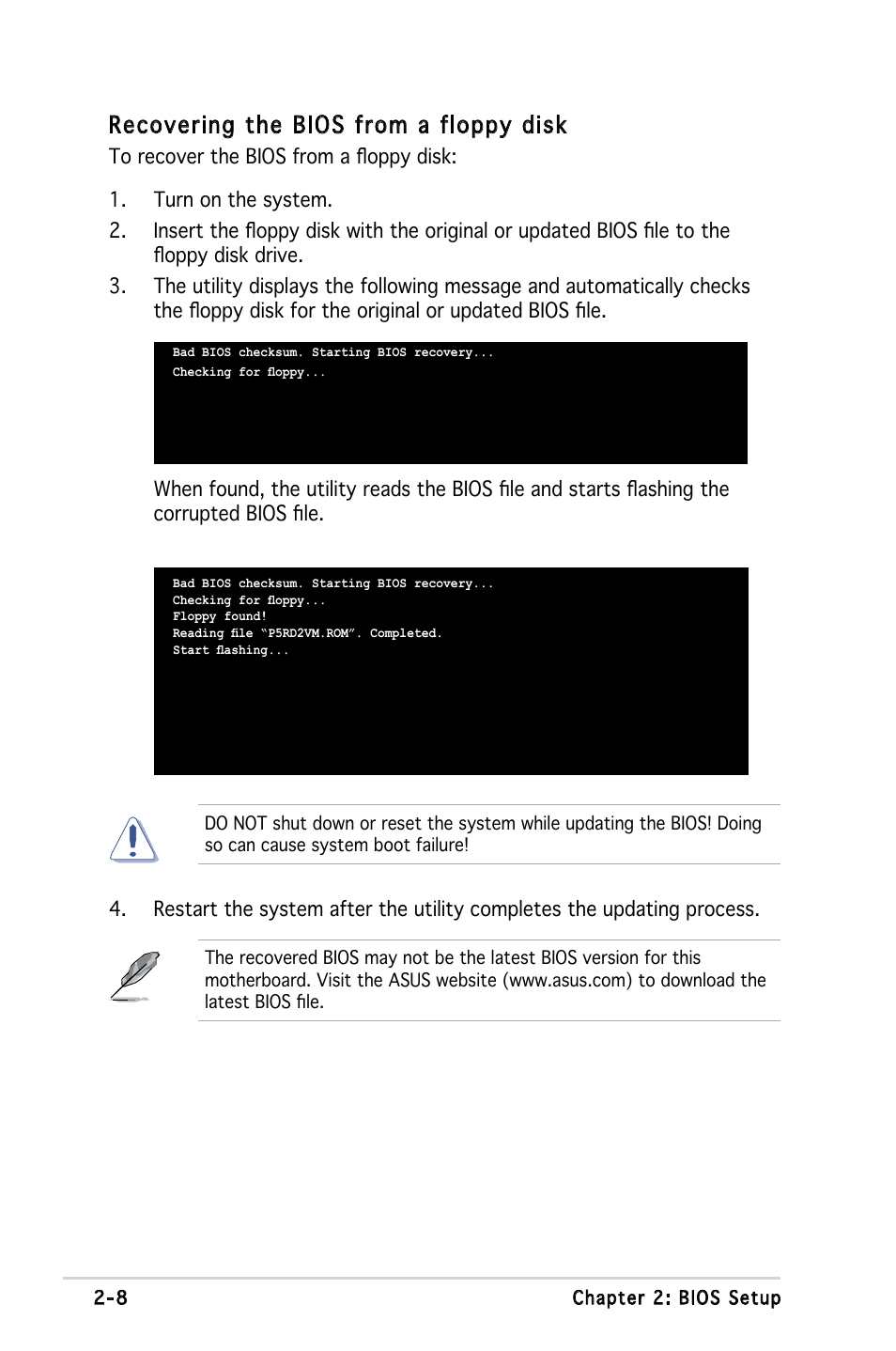 Recovering the bios from a floppy disk | Asus Motherboard M2S-X User Manual | Page 50 / 86