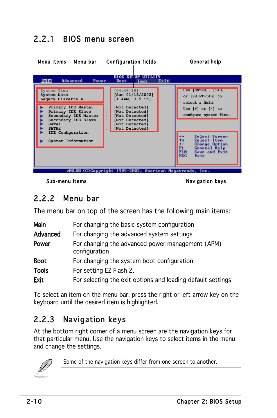 2 menu bar, 1 bios menu screen, 3 navigation keys | Asus Motherboard M2S-X User Manual | Page 52 / 86