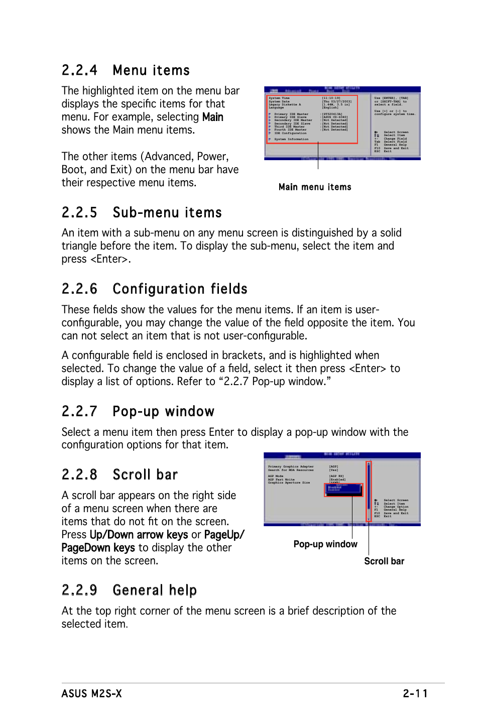 4 menu items, 5 sub-menu items, 6 configuration fields | 7 pop-up window, 8 scroll bar, 9 general help, Asus m2s-x 2-11, Scroll bar, Pop-up window | Asus Motherboard M2S-X User Manual | Page 53 / 86