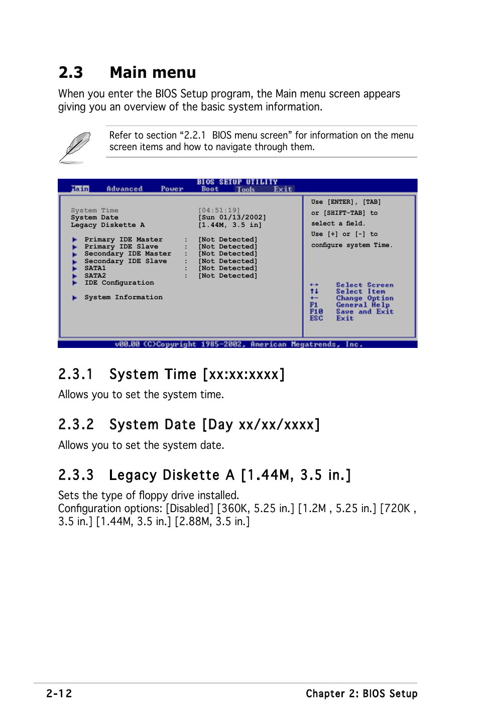 3 main menu, Allows you to set the system time, Allows you to set the system date | Asus Motherboard M2S-X User Manual | Page 54 / 86