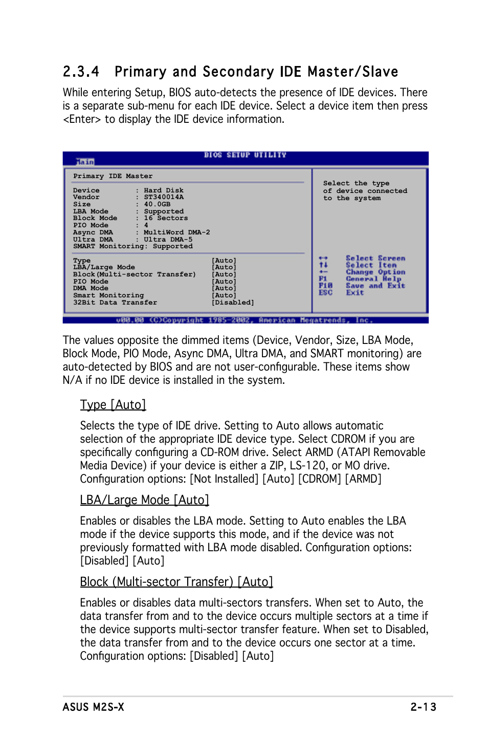 4 primary and secondary ide master/slave, Type [auto, Lba/large mode [auto | Block (multi-sector transfer) [auto | Asus Motherboard M2S-X User Manual | Page 55 / 86