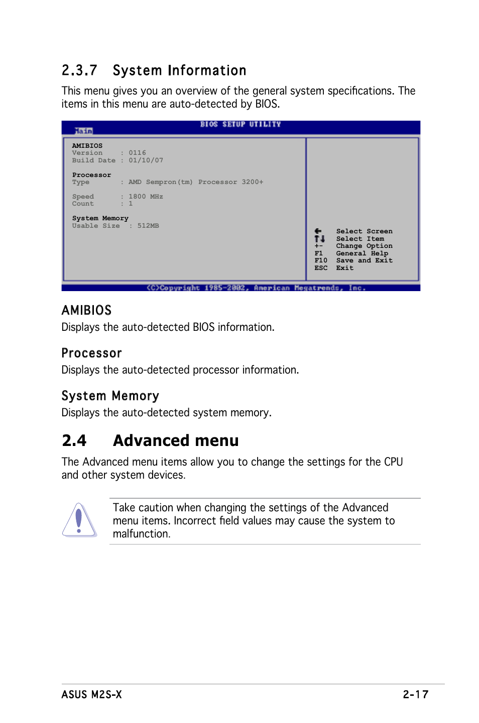 4 advanced menu, 7 system information, Amibios | Processor | Asus Motherboard M2S-X User Manual | Page 59 / 86