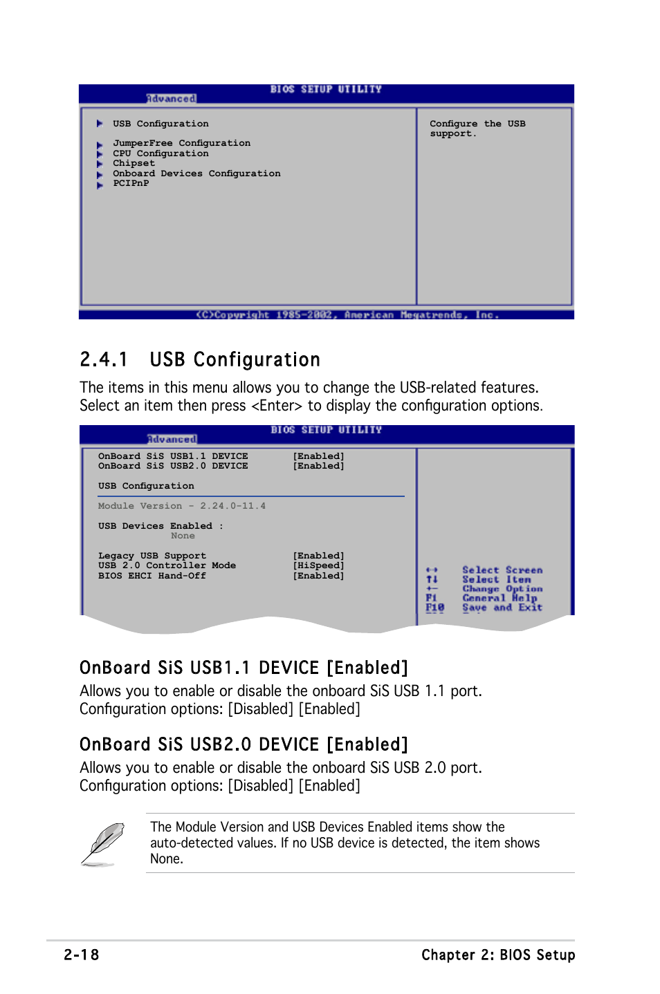 1 usb configuration, Onboard sis usb1.1 device [enabled, Onboard sis usb2.0 device [enabled | Asus Motherboard M2S-X User Manual | Page 60 / 86