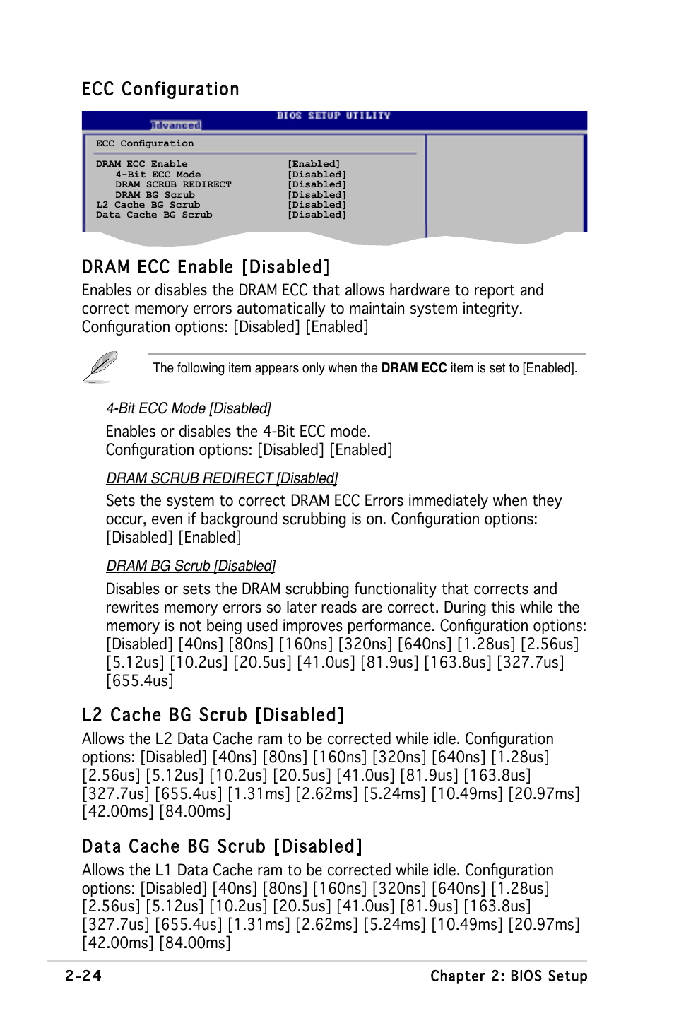 Ecc configuration dram ecc enable [disabled, L2 cache bg scrub [disabled, Data cache bg scrub [disabled | Asus Motherboard M2S-X User Manual | Page 66 / 86