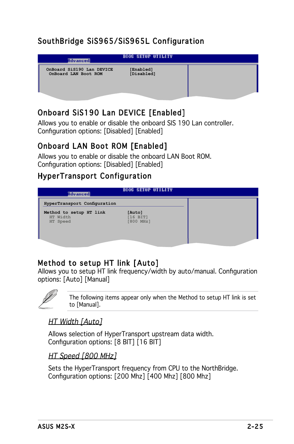 Onboard lan boot rom [enabled, Ht width [auto, Ht speed [800 mhz | Asus Motherboard M2S-X User Manual | Page 67 / 86