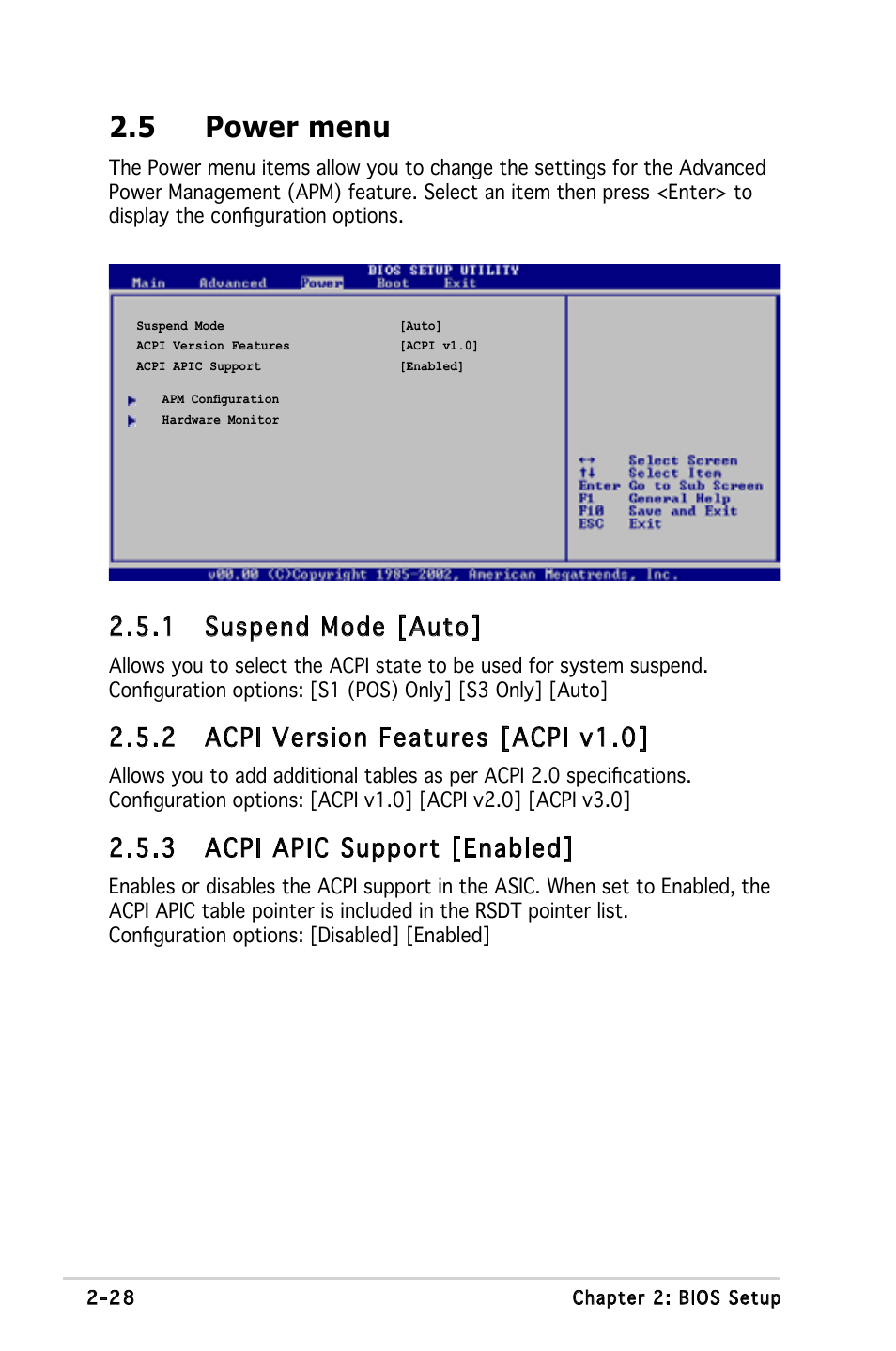 5 power menu, 1 suspend mode [auto, 2 acpi version features [acpi v1.0 | 3 acpi apic support [enabled | Asus Motherboard M2S-X User Manual | Page 70 / 86