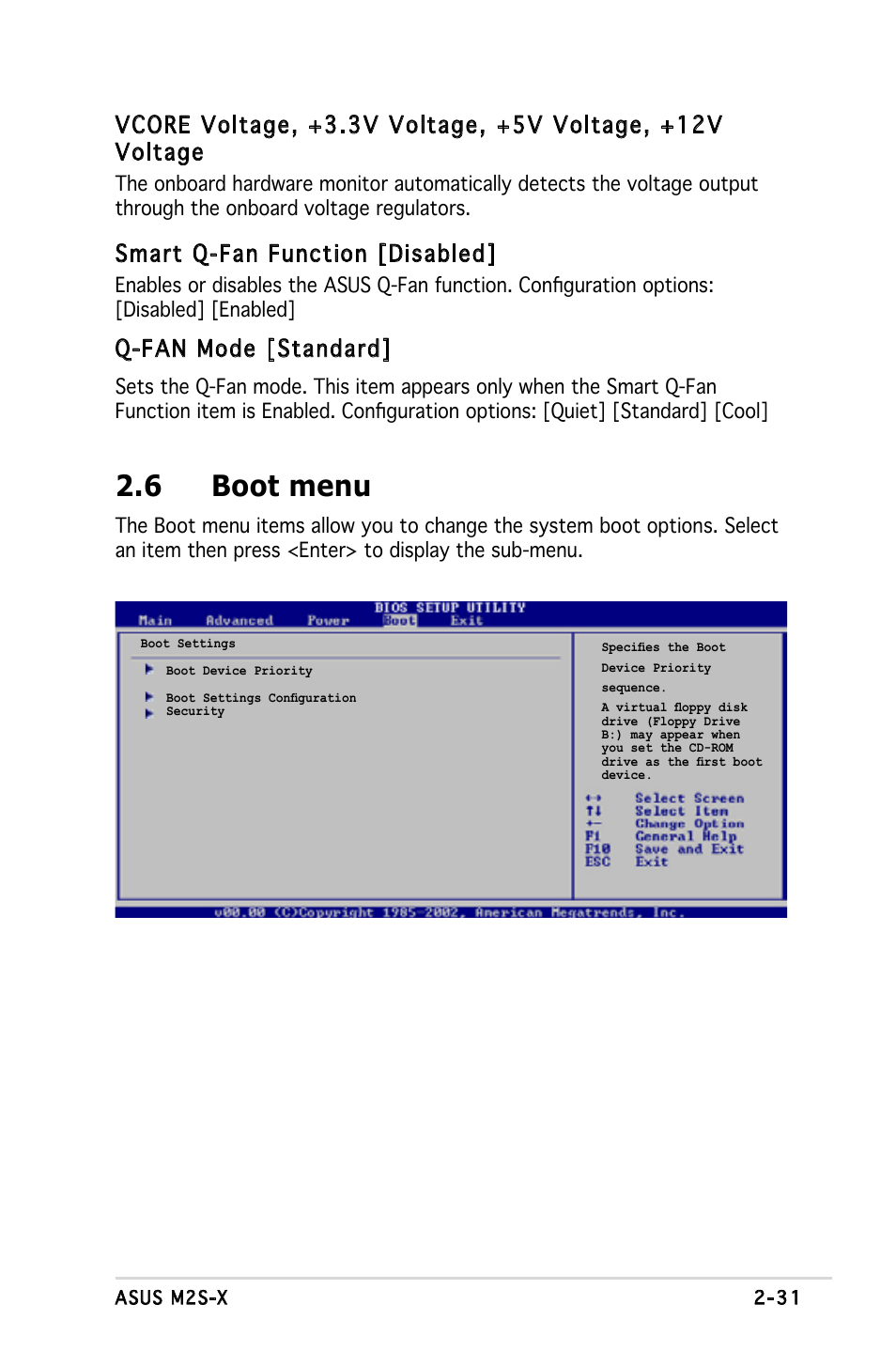 6 boot menu, Smart q-fan function [disabled, Q-fan mode [standard | Asus Motherboard M2S-X User Manual | Page 73 / 86