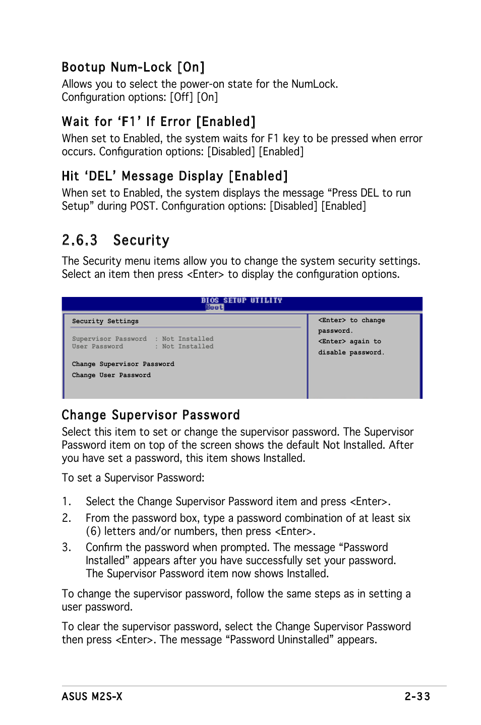 3 security, Bootup num-lock [on, Wait for ‘f1’ if error [enabled | Hit ‘del’ message display [enabled, Change supervisor password | Asus Motherboard M2S-X User Manual | Page 75 / 86