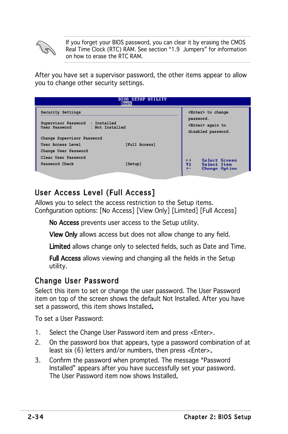 User access level (full access, Change user password | Asus Motherboard M2S-X User Manual | Page 76 / 86