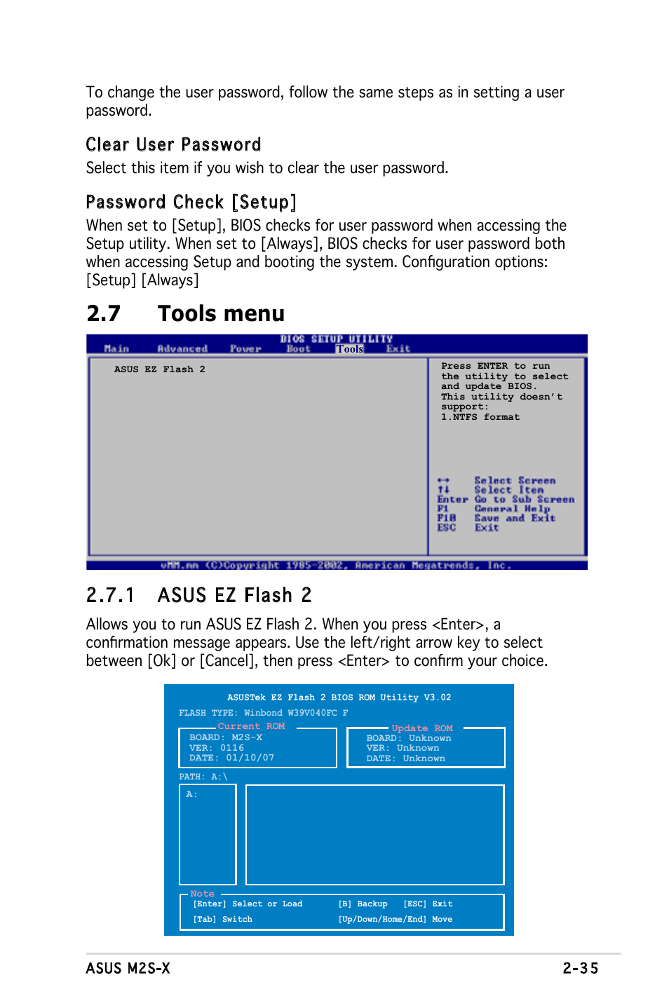 7 tools menu, 1 asus ez flash 2, Clear user password | Password check [setup | Asus Motherboard M2S-X User Manual | Page 77 / 86