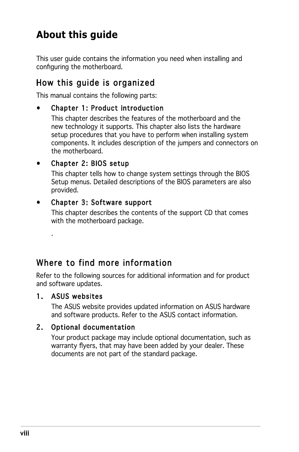 About this guide, How this guide is organized, Where to find more information | Asus Motherboard M2S-X User Manual | Page 8 / 86