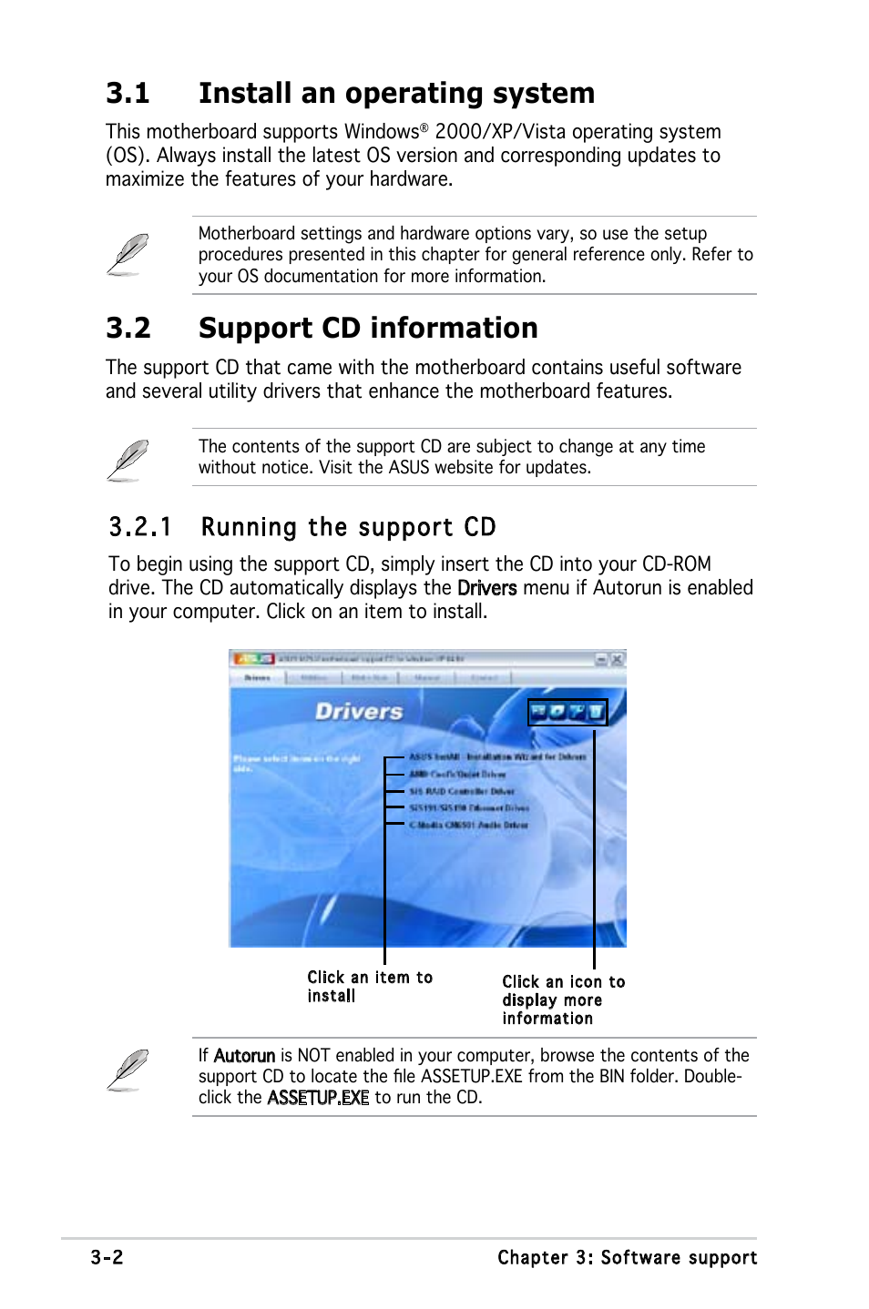 1 install an operating system, 2 support cd information, 1 running the support cd | Asus Motherboard M2S-X User Manual | Page 82 / 86