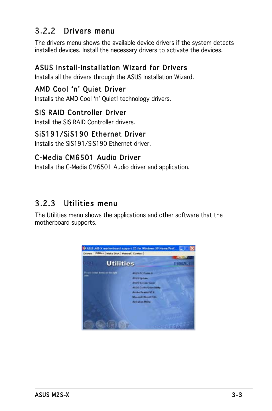 2 drivers menu, 3 utilities menu | Asus Motherboard M2S-X User Manual | Page 83 / 86