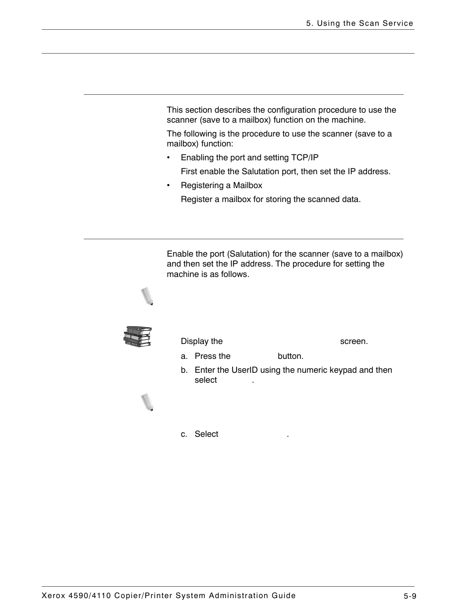 Configuration of the scanner (save to a mailbox), Overview, Enabling the ports and setting the ip addresses | Xerox 4590 User Manual | Page 101 / 402