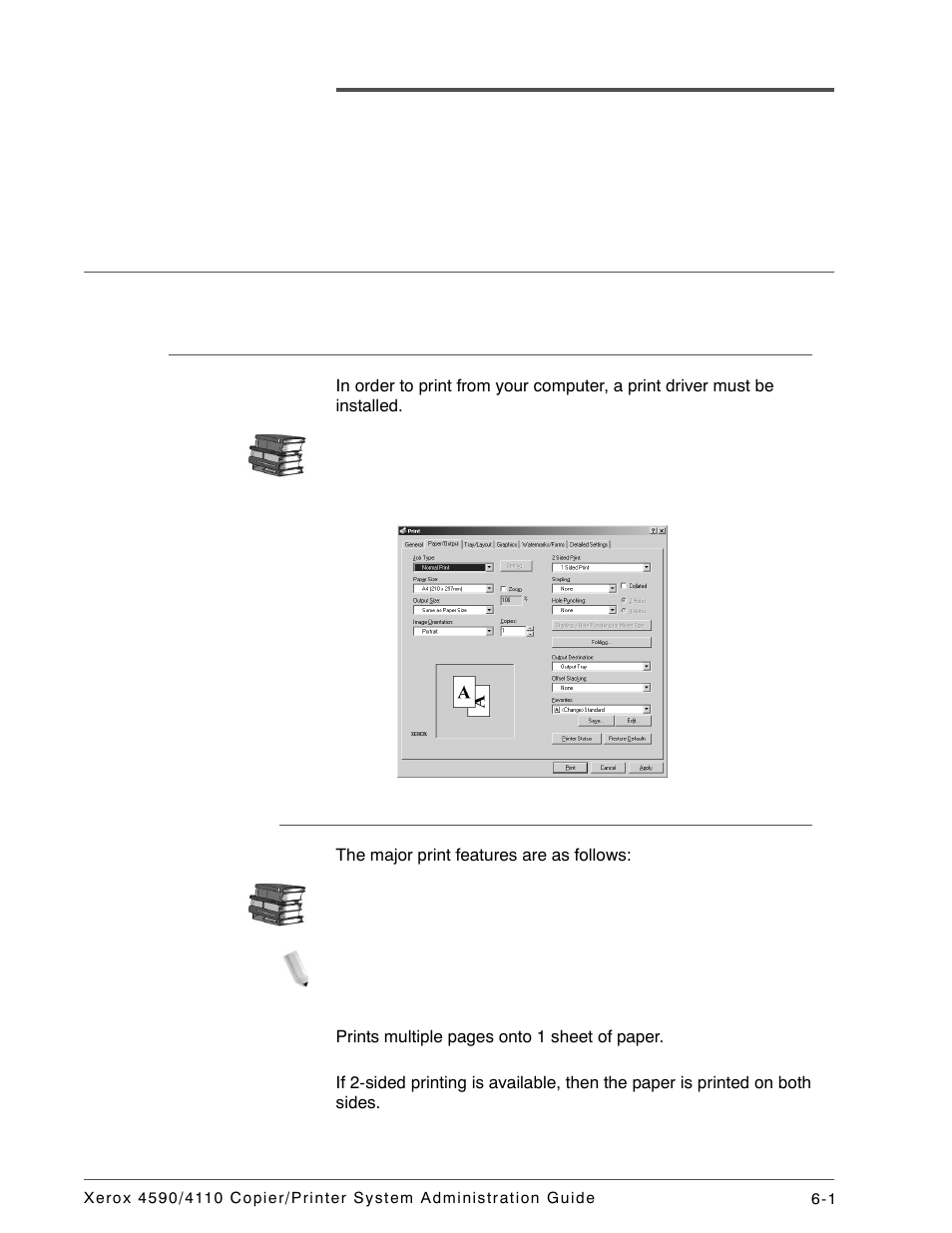 Computer operations, Overview of features, Print driver | Main print features | Xerox 4590 User Manual | Page 119 / 402