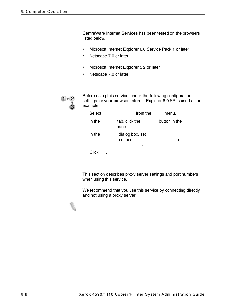 Browser, Browser settings, Proxy server and port numbers | Xerox 4590 User Manual | Page 124 / 402