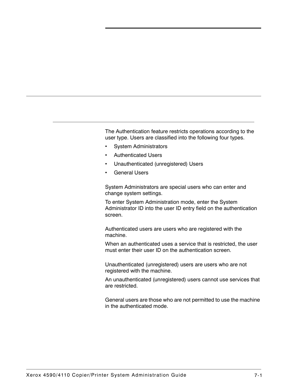 Authentication & auditron administration, Authentication overview, Users controlled by authentication | Xerox 4590 User Manual | Page 141 / 402