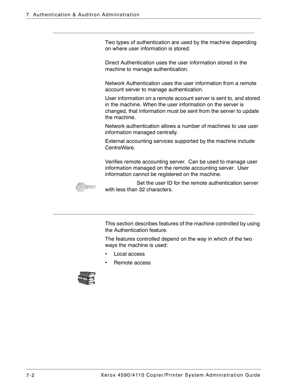 Types of authentication, Features controlled by authentication | Xerox 4590 User Manual | Page 142 / 402