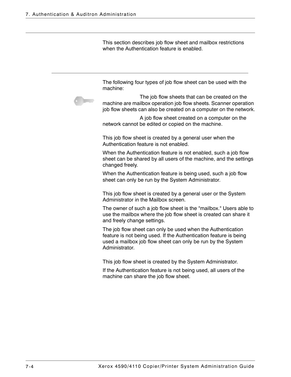 Authentication: job flow sheet & mailbox, Job flow sheet types | Xerox 4590 User Manual | Page 144 / 402