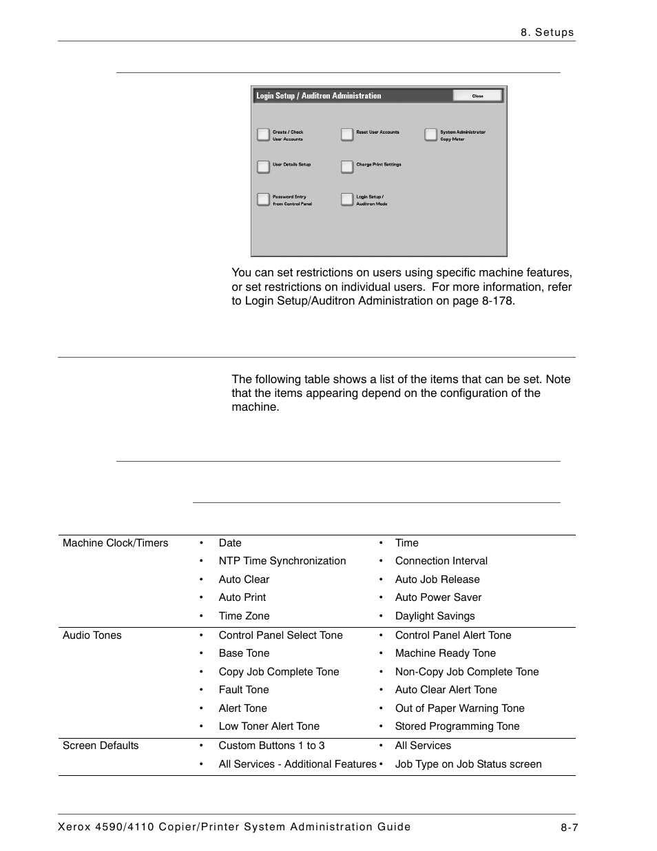 Login setup/auditron administration, System settings menu list, System settings | Common settings | Xerox 4590 User Manual | Page 165 / 402