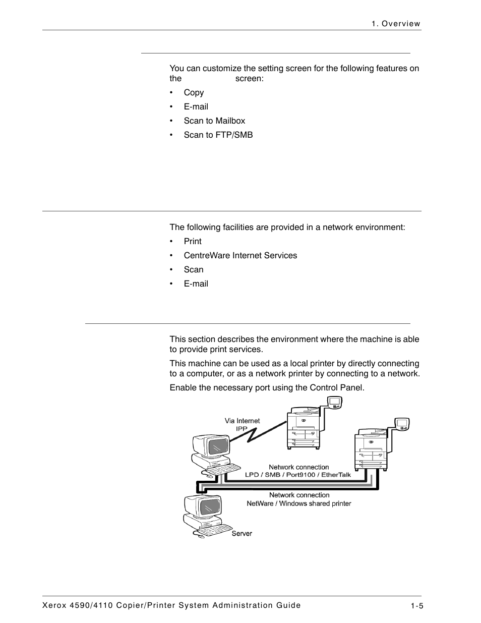 Changing feature screen, Services and features, Print | Xerox 4590 User Manual | Page 17 / 402