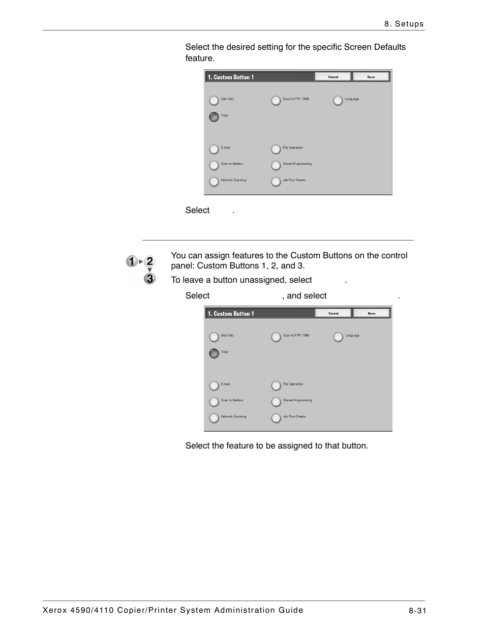 Custom buttons 1, 2, and 3 | Xerox 4590 User Manual | Page 189 / 402