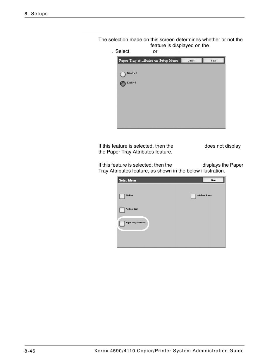 Paper tray attributes on setup menu | Xerox 4590 User Manual | Page 204 / 402