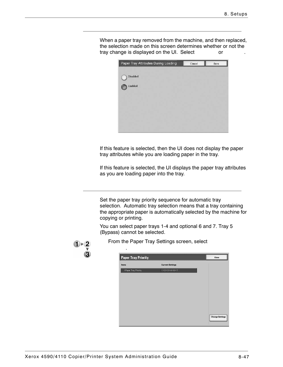 Paper tray attributes during loading, Paper tray priority | Xerox 4590 User Manual | Page 205 / 402