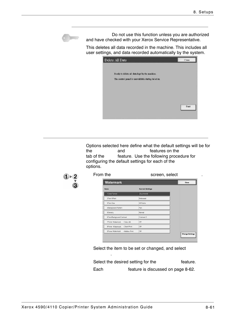 Delete all data, Watermark | Xerox 4590 User Manual | Page 219 / 402