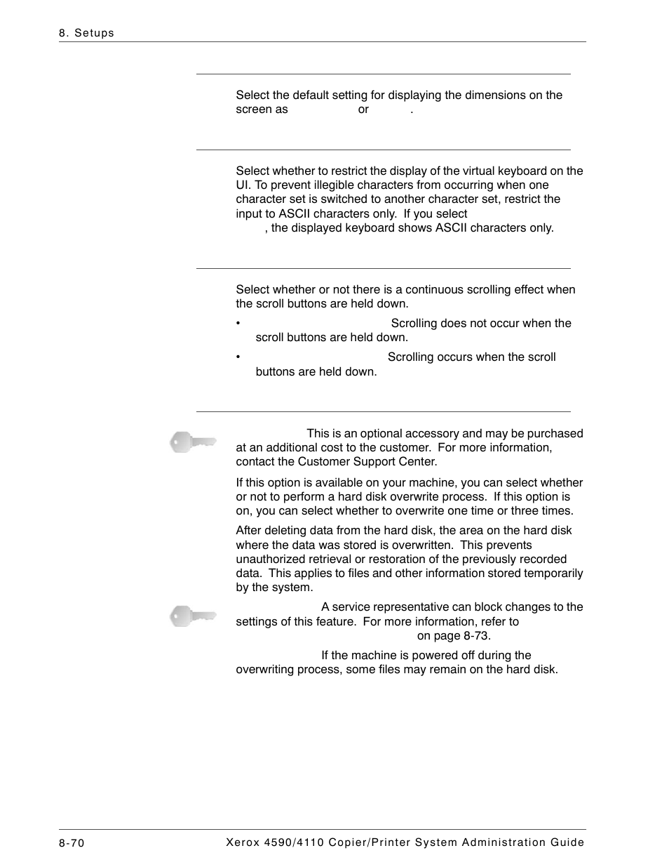 Millimeters/inches, Keyboard input restriction, Operation of up/down buttons | Overwrite hard disk (optional) | Xerox 4590 User Manual | Page 228 / 402