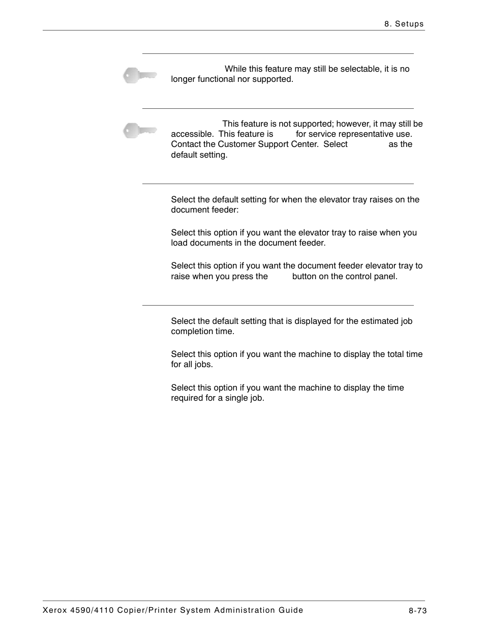 Service representative restricted operation, Software download, Document feeder tray elevation | Estimated time for single or all jobs | Xerox 4590 User Manual | Page 231 / 402