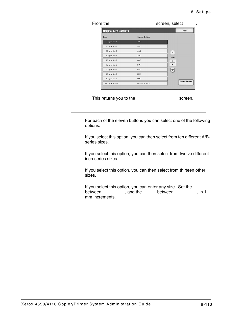 Original size defaults options | Xerox 4590 User Manual | Page 271 / 402